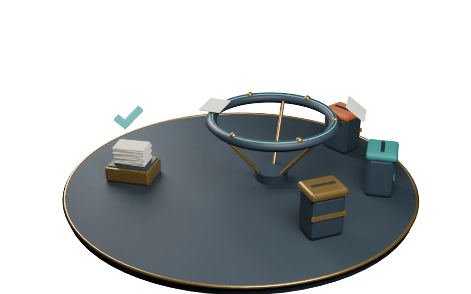 A small mail-sorting desk: blank paper cards lift one at a time off a cleaned stack under a pulsing teal tick, ride a raised teal sorter ring, then tip upright and drop into one of three mailbox slots with terracotta, teal and brass caps